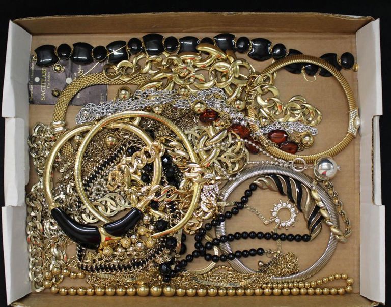 Tray of jewelry: necklaces, earrings, bracelets