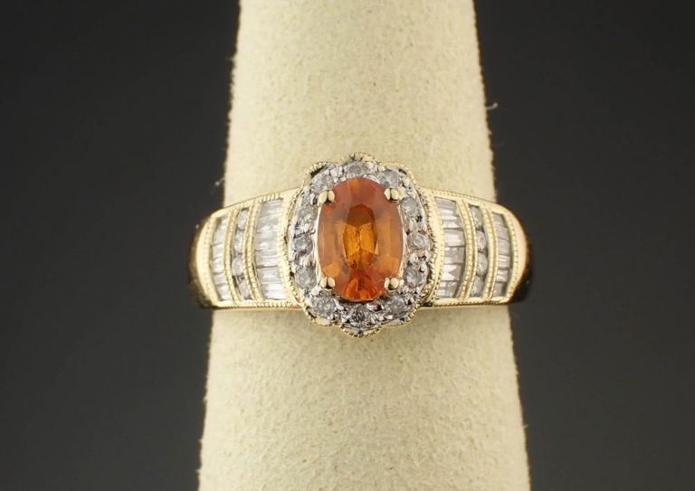 Spessartite, diamond, and 14k gold ring