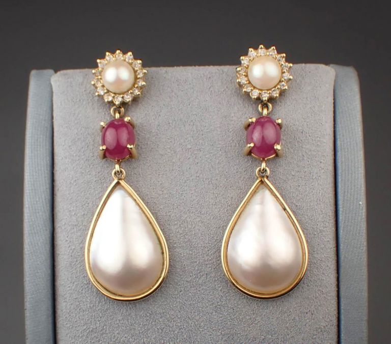 Pearl, ruby, and diamond earrings