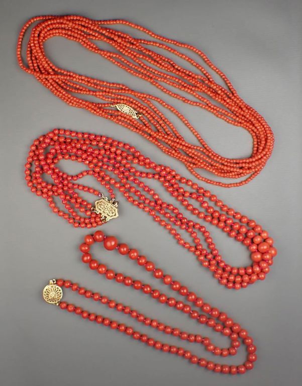 Three coral and 14k gold necklaces