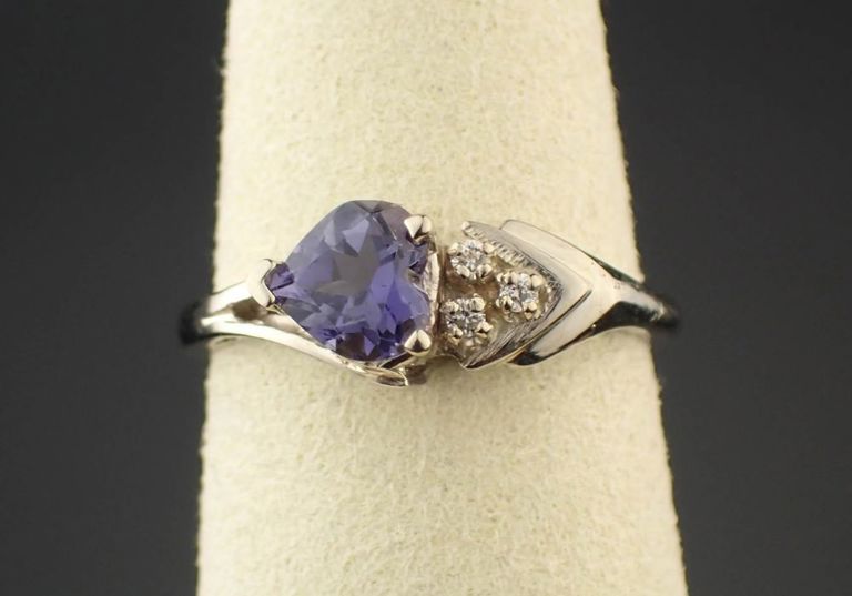 Iolite, diamond, and 14k white gold ring