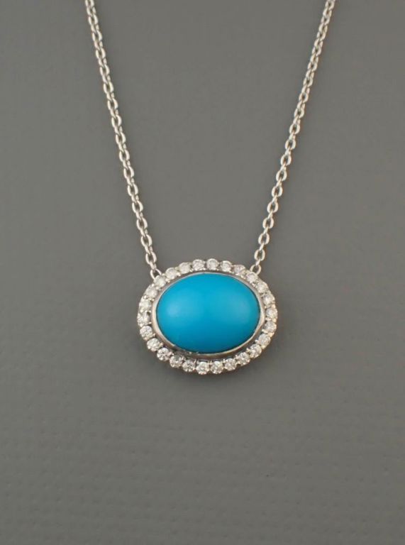 Turquoise, diamond and 14k white gold necklace