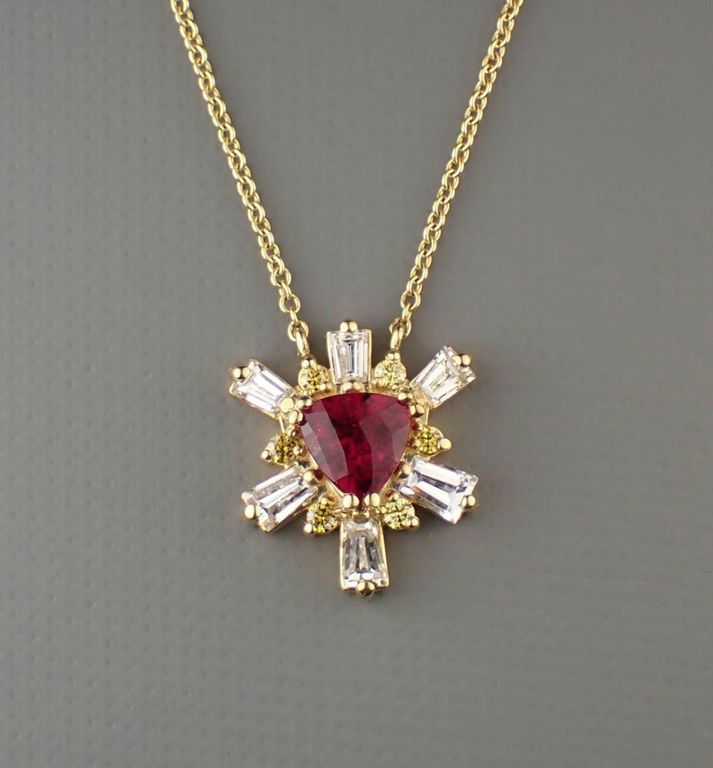 Rubellite, diamond and 14k gold necklace