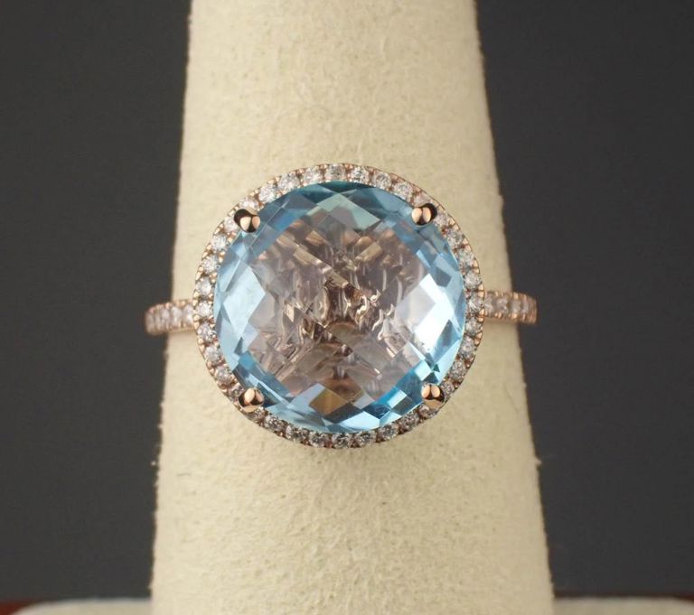 Blue topaz, diamond and 14k rose gold ring