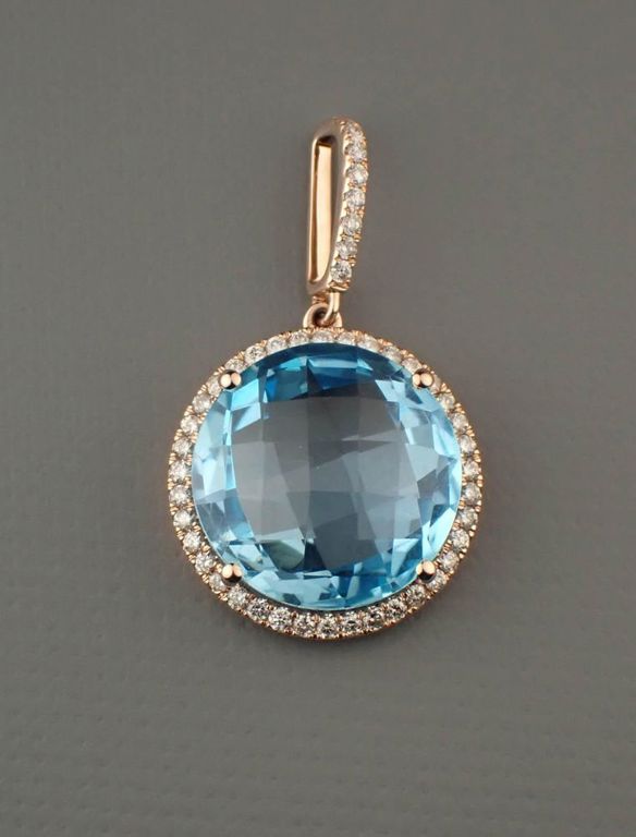 Blue topaz, diamond and 14k rose gold pendant