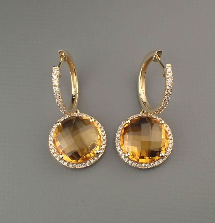 Citrine, diamond and 14k yellow gold earrings
