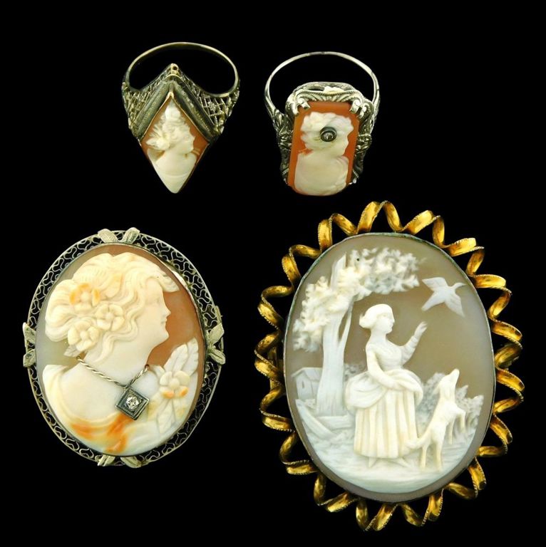 Four Antique pieces of 14k gold cameo jewelry