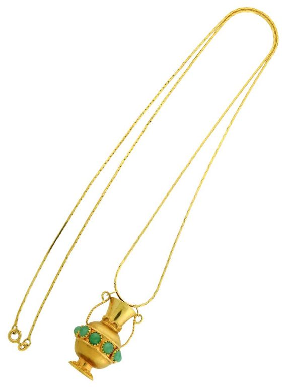 18k yellow gold cat's eye glass urn pendant on 14k yellow gold chain