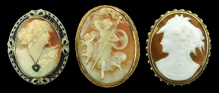 Three 14k gold antique cameo brooches