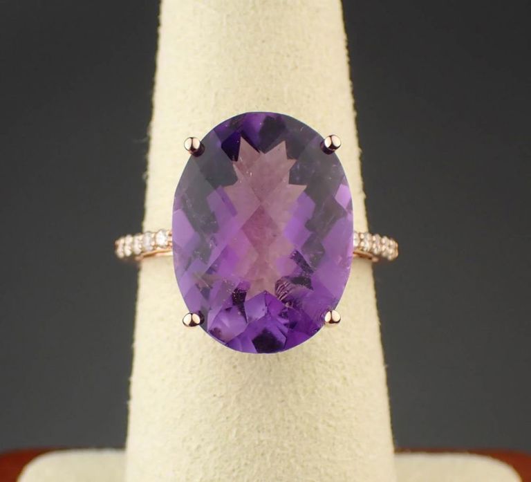 Amethyst, diamond and 14k rose gold ring