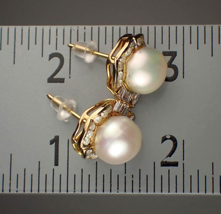 Pearl, diamond and 14k yellow gold earrings