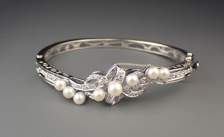 Pearl, diamond and 14k white gold bangle