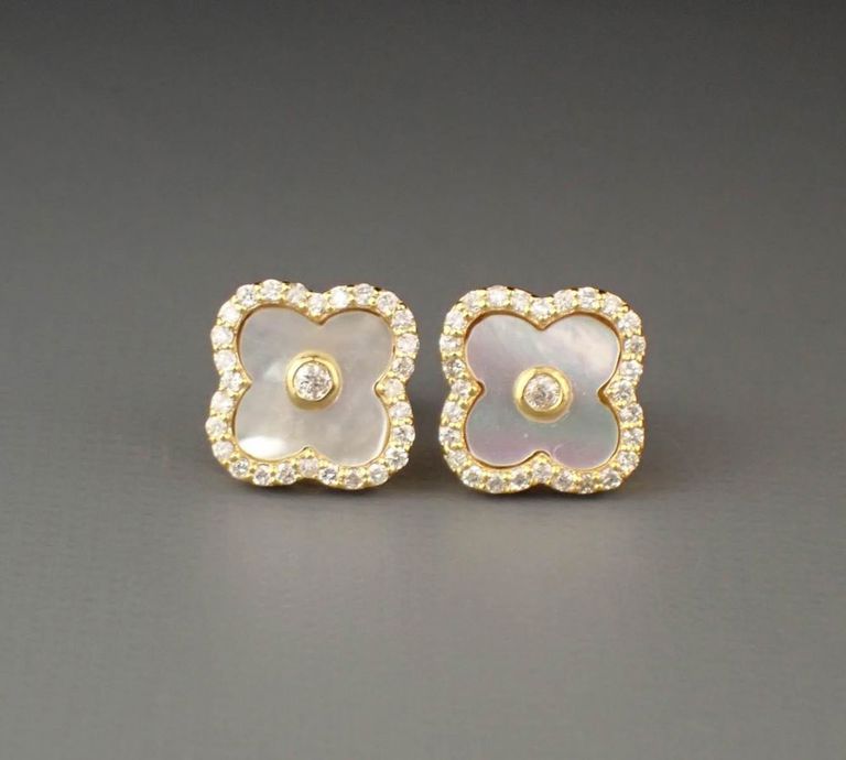 Diamond, mother-of-pearl and 14k gold earrings