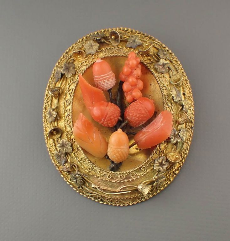 Antique coral and 14k gold brooch