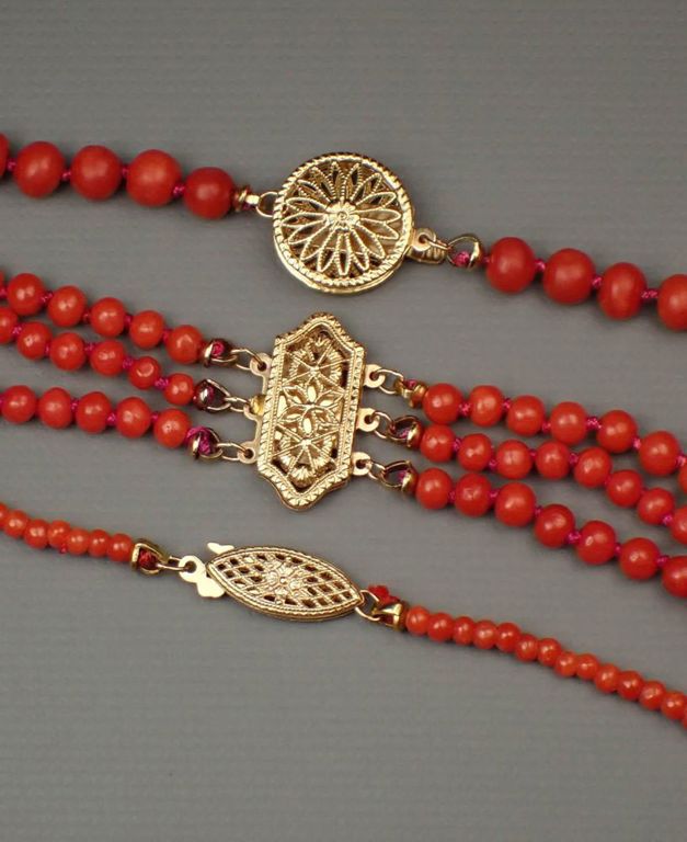 Three coral and 14k gold necklaces