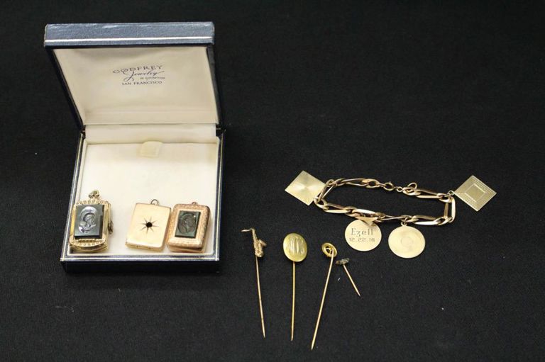 Gold-filled jewelry: pins, pendants, bracelet