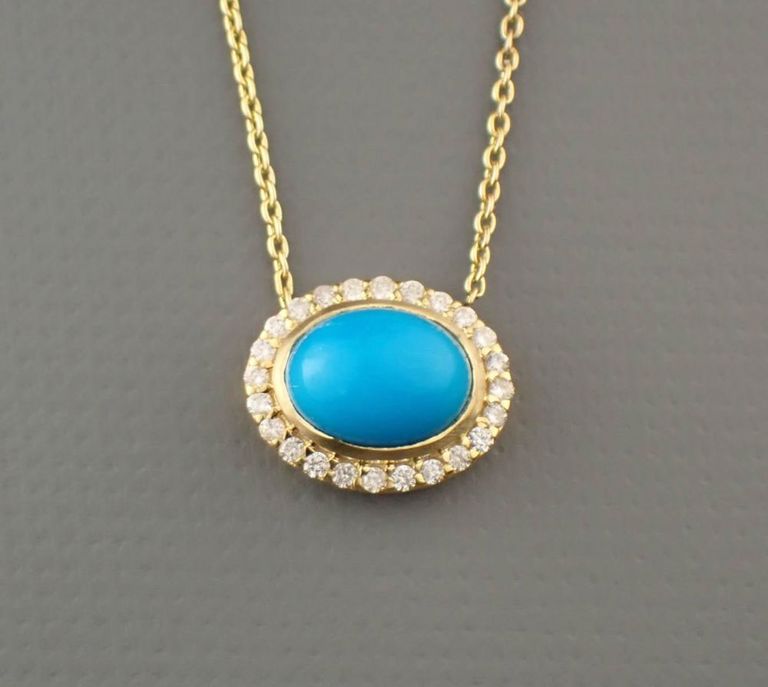 Turquoise, diamond halo and 14k gold necklace