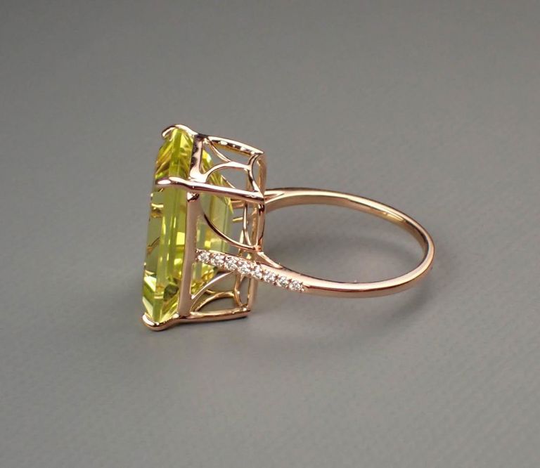 Lemon citrine, diamond and 14k rose gold ring