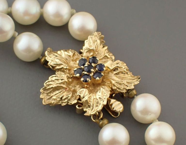 Akoya pearl, sapphire and 14k gold bracelet