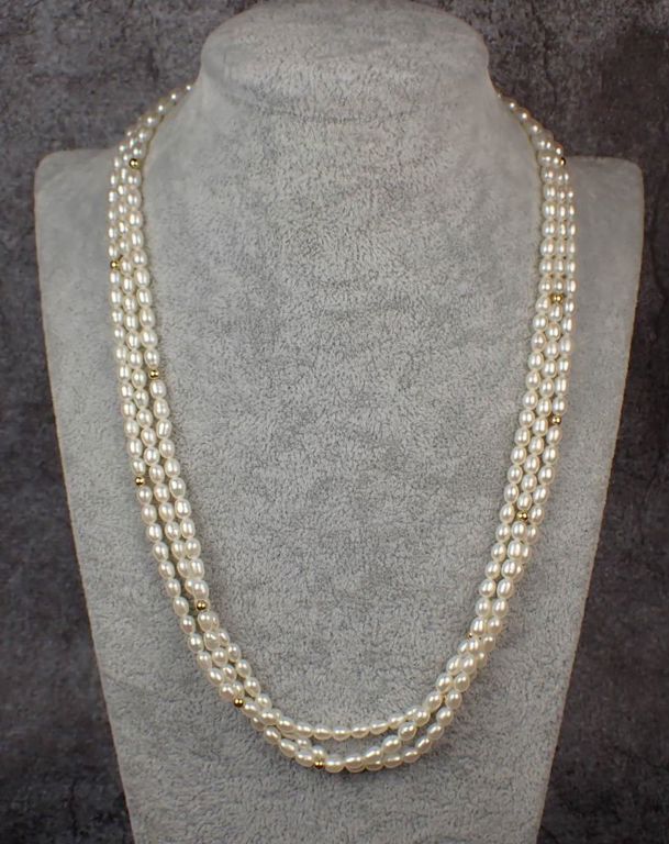 Triple stand pearl and 14k gold necklace