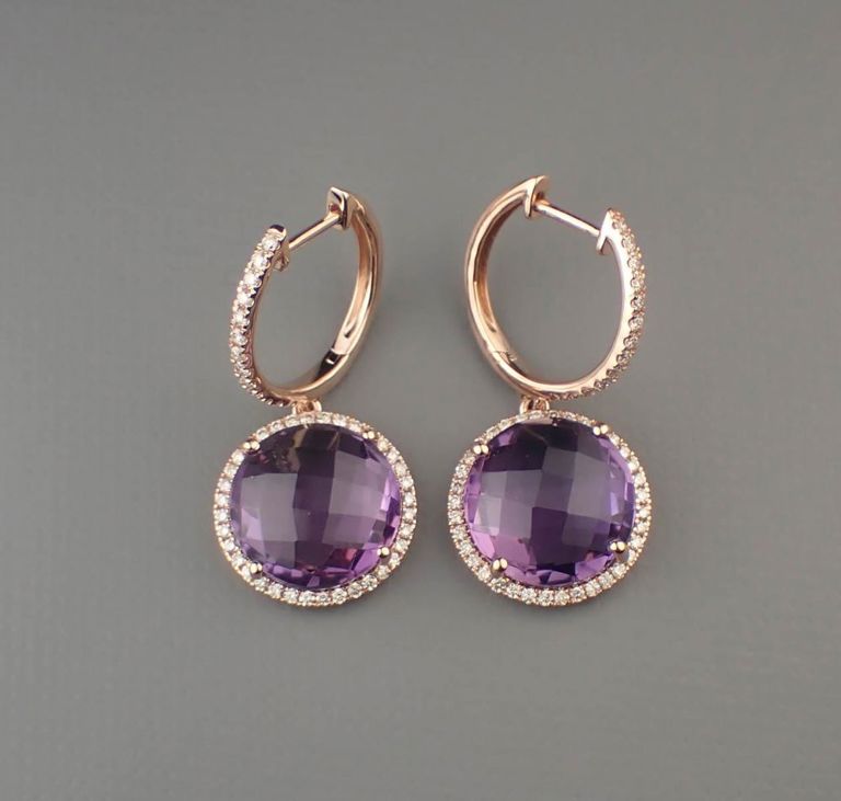 Amethyst, diamond and 14k rose gold earrings