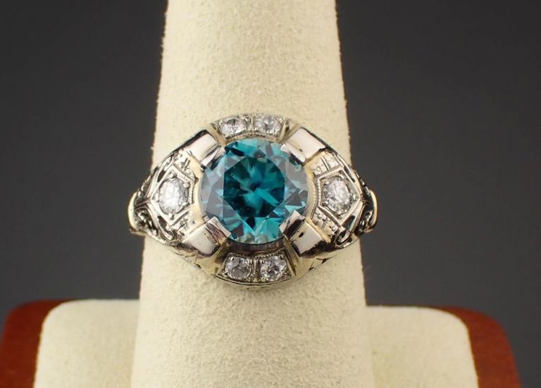 Blue zircon, diamond and 14k gold ring