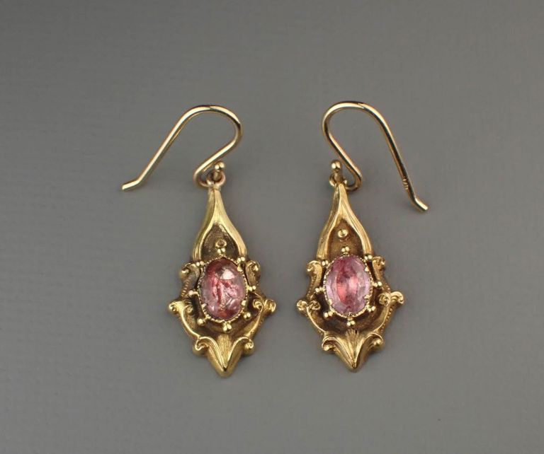Pink tourmaline and 14k yellow gold earrings