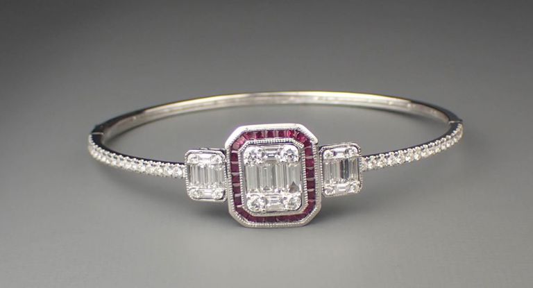 Diamond, ruby and 18k white gold bangle