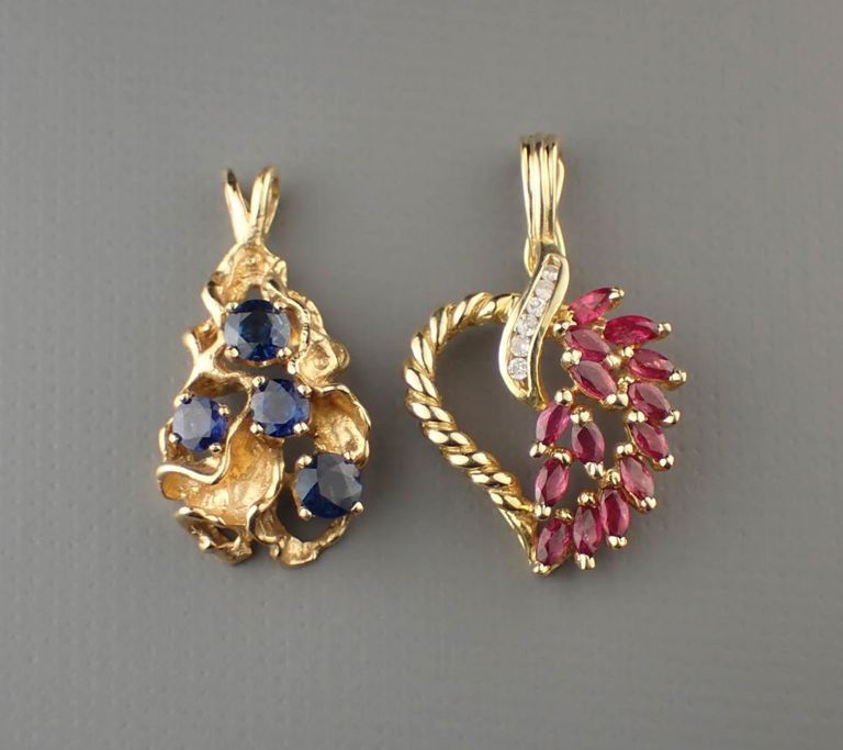 Two precious gemstone and 14k gold pendants