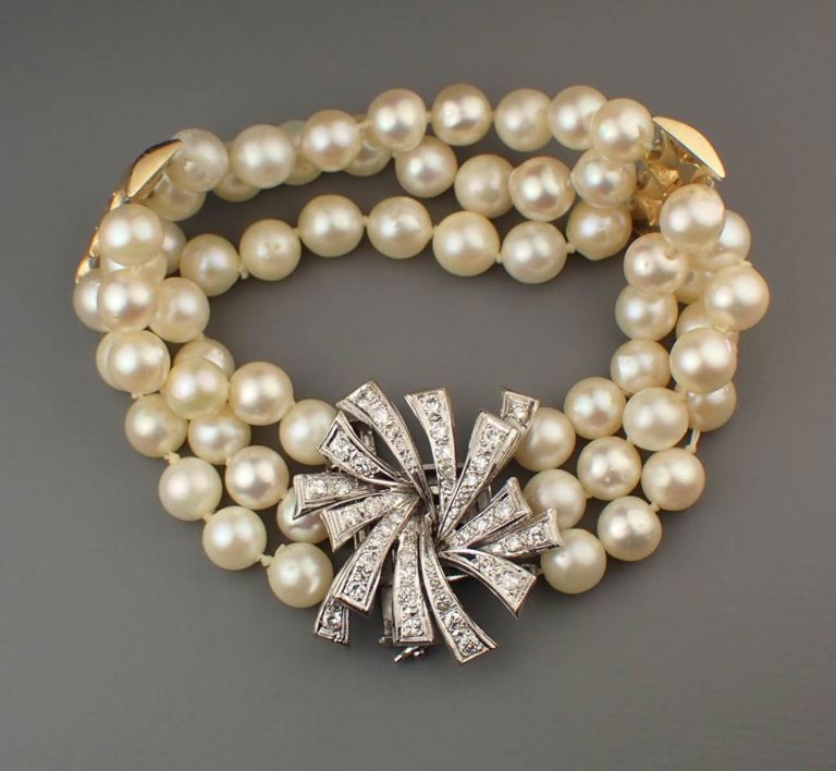 Pearl, diamond and 14k gold bracelet