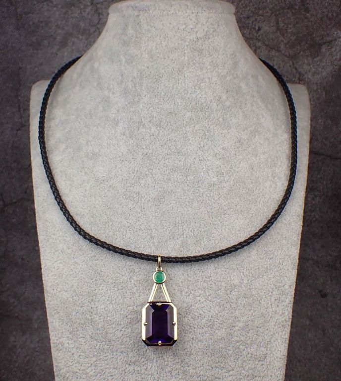 Amethyst, emerald and 14k gold pendant necklace