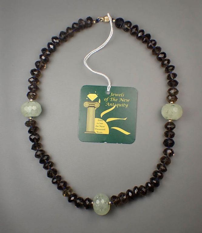 Smoky quartz, prehnite, and 14k gold necklace