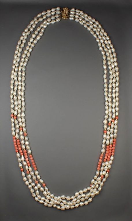 Multi-strand pearl, coral and 14k gold necklace