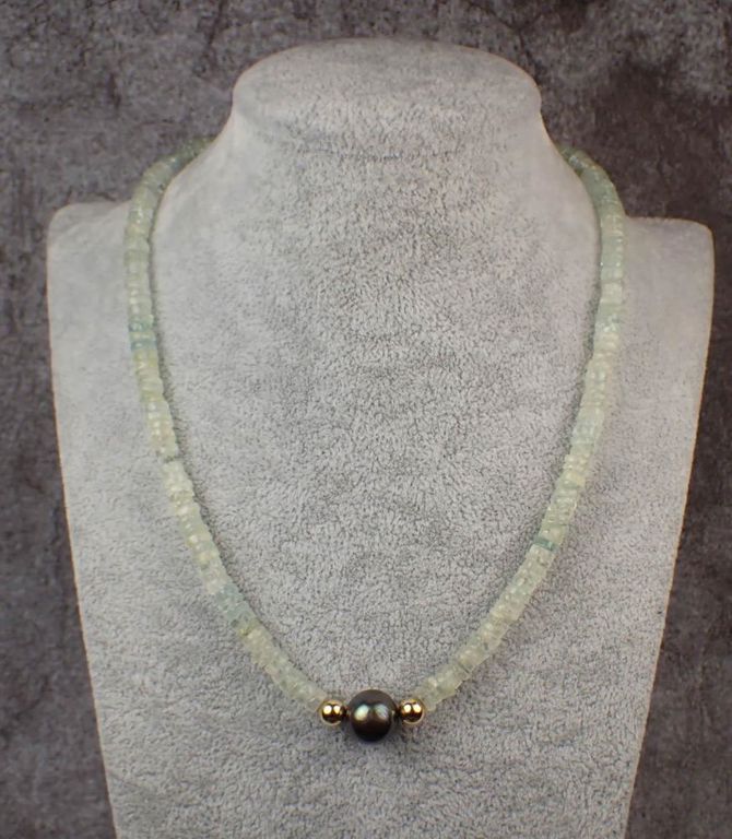 14k gold necklace with aquamarine and pearl