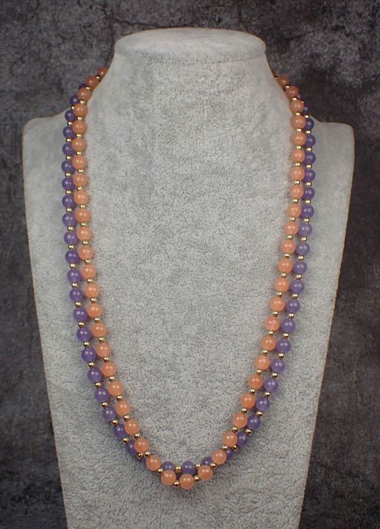 Lavender and peach jade bead 14k yellow gold necklaces