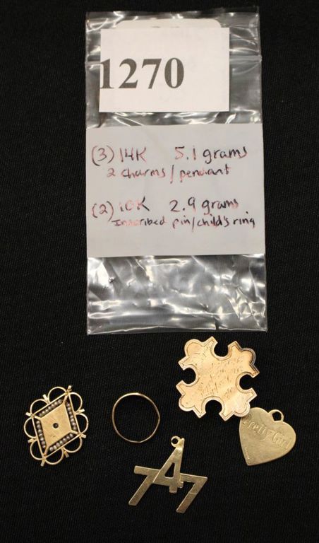 14k gold charms and pendant, 10k gold pin and child's ring