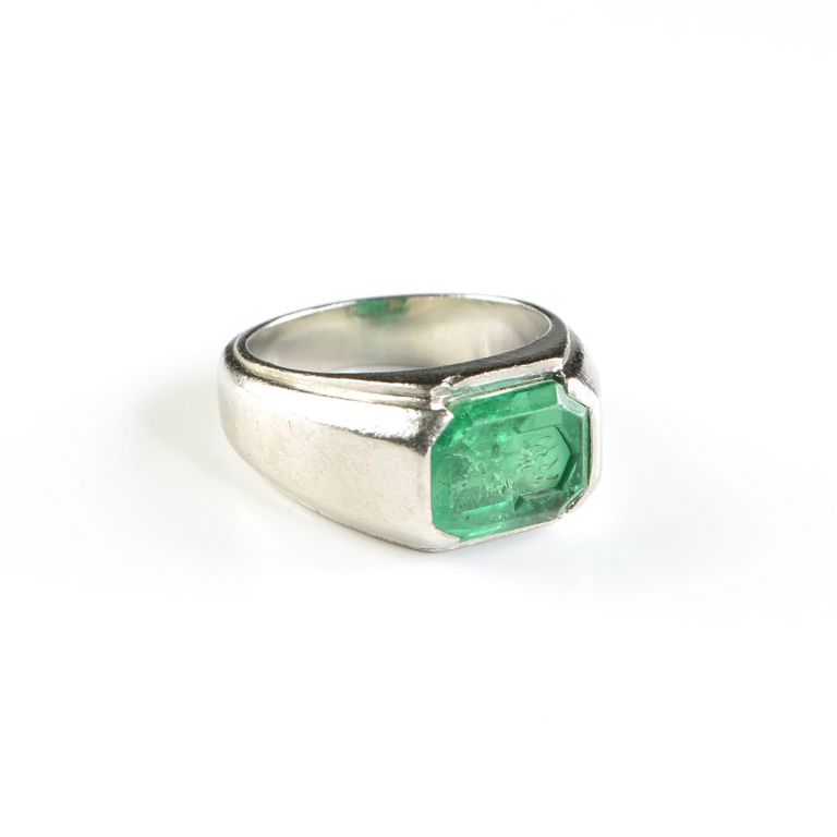Platinum and emerald intaglio signet ring