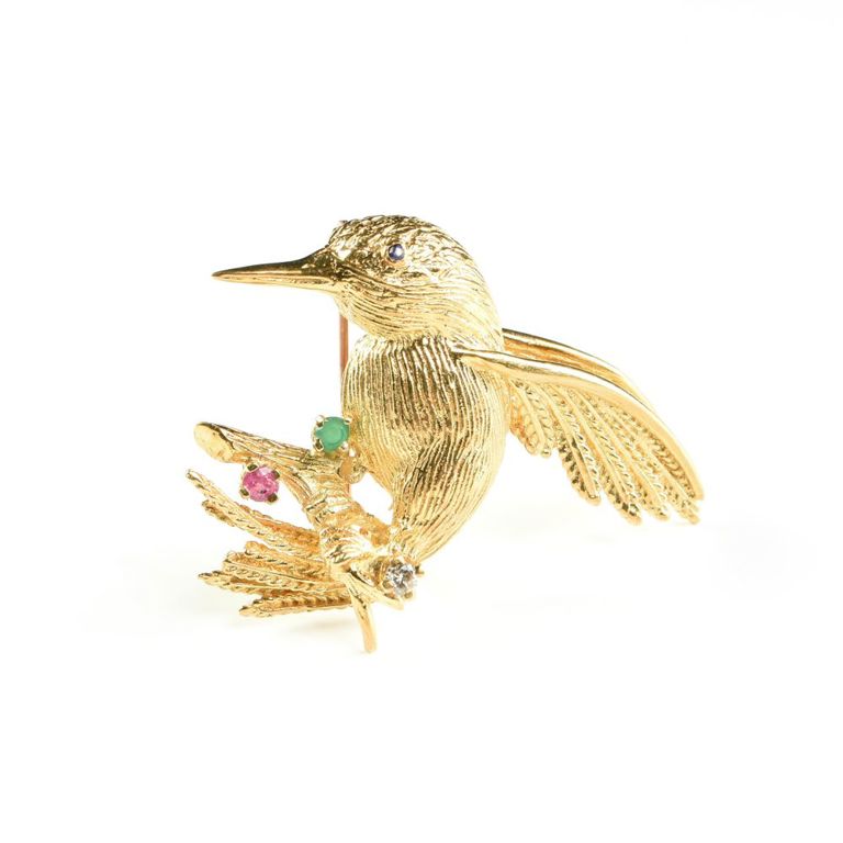 18k yellow and white gold, ruby, diamond, emerald, and sapphire brooch