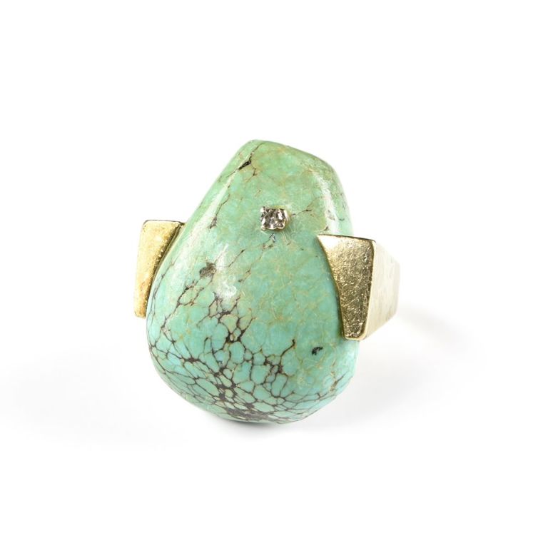 Modernist 14k yellow gold and diamond inset turquoise nugget ring
