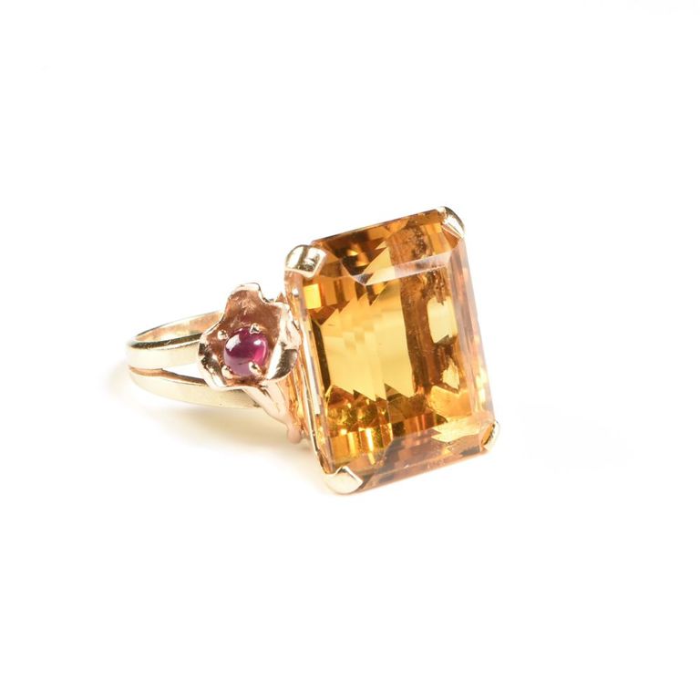 14k yellow gold, citrine, and ruby ring