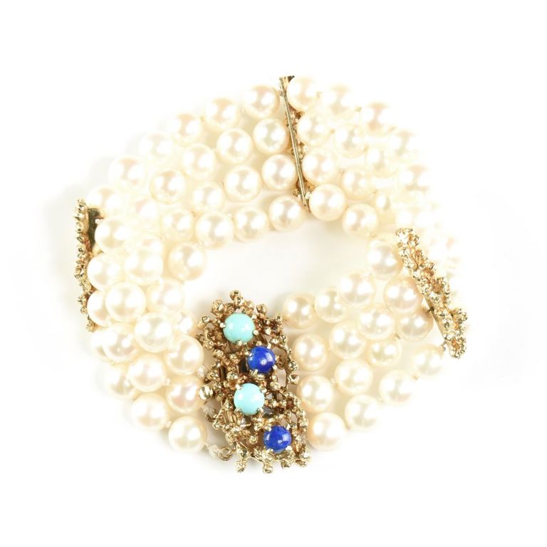 14k yellow gold, pearl, lapis lazuli, and turquoise four-strand bracelet
