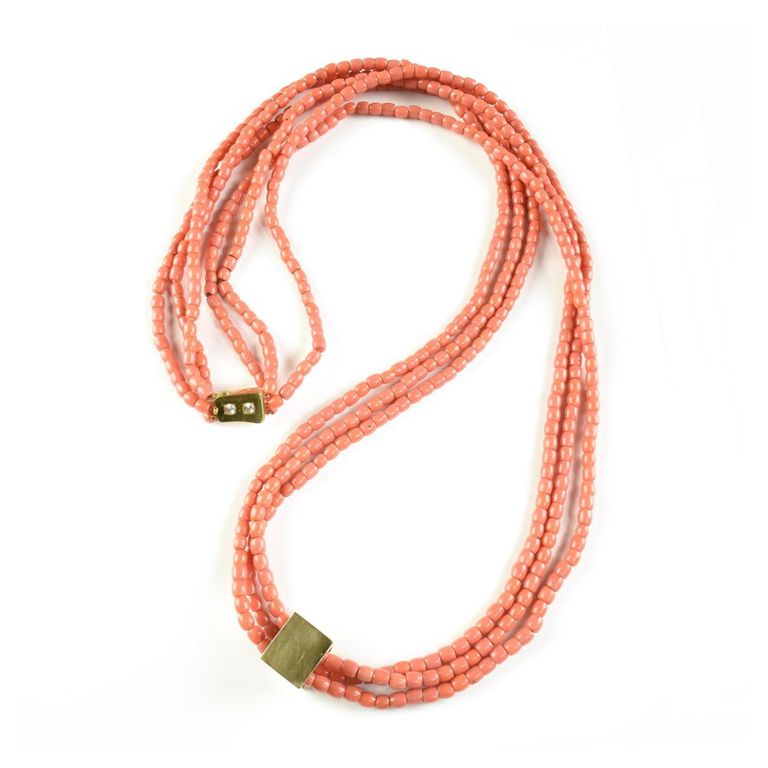 Modernist 18k yellow gold, diamond, and coral three-strand necklace