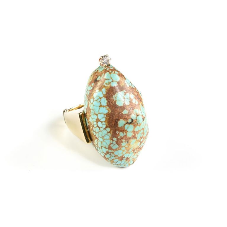 14k yellow gold, diamond, and turquoise nugget ring