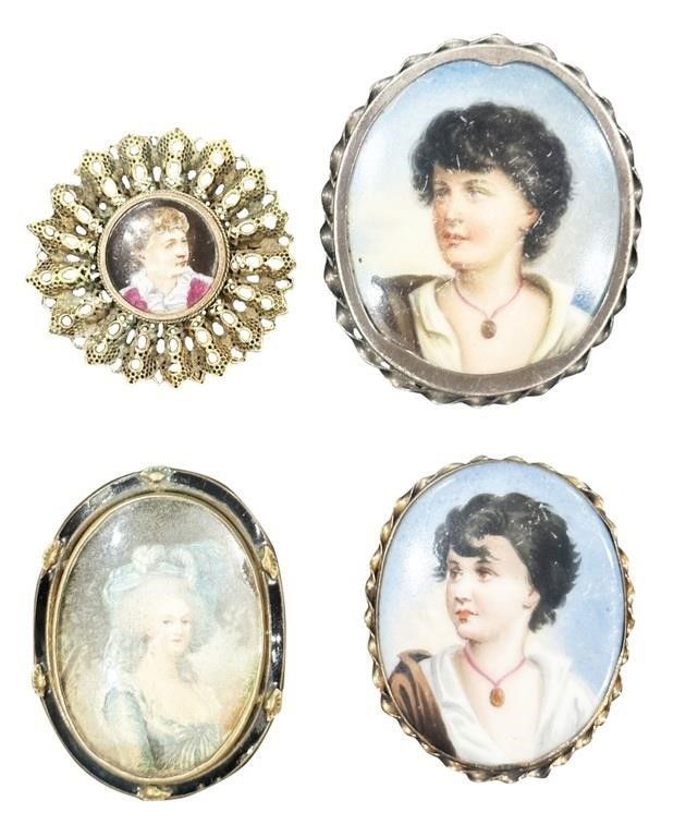 Lot of 4 vintage painted cameos, one rose gold