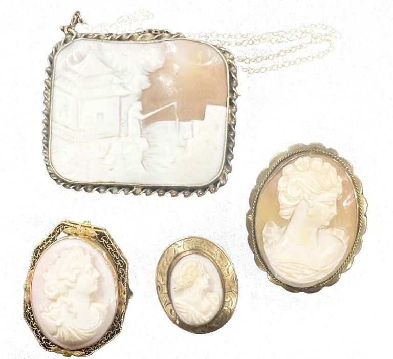 Lot of 4 Victorian carved cameos, one 10k