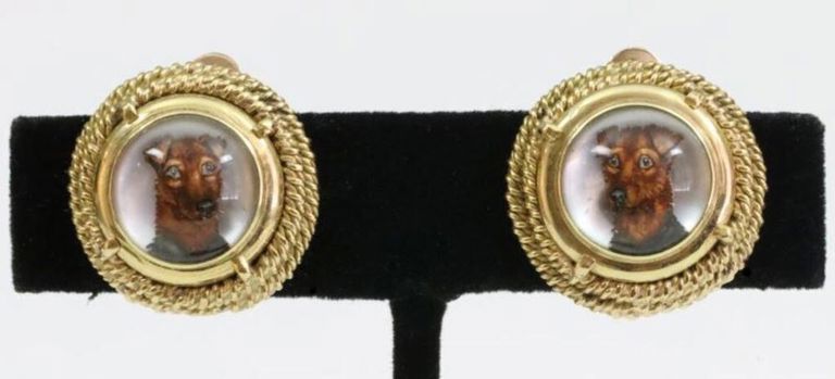 Pair 14k rock crystal Intaglio terrier ear clips