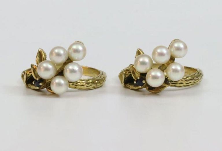 Pair of matching 14k pearl and sapphire rings