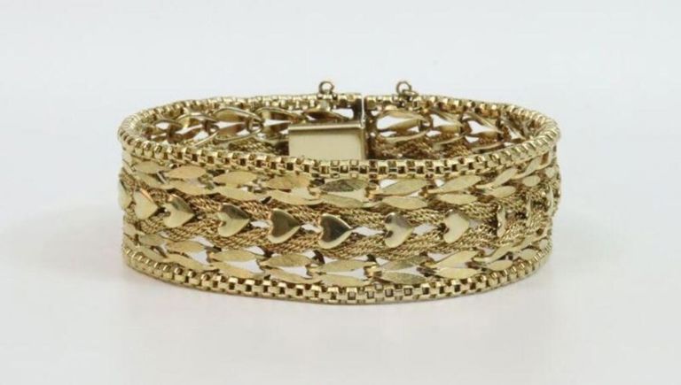 14k gold mesh and heart link bracelet