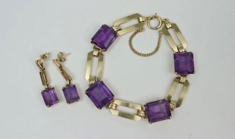 14k purple beryl link bracelet and earrings