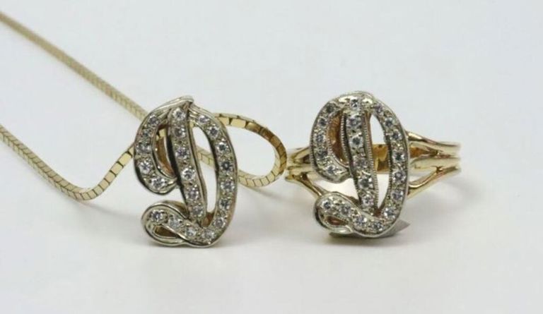 14k diamond initial 'D' ring and pendant on chain